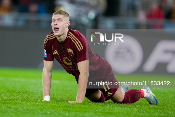 Artem Dovbyk of AS Roma lies down dejected during the Serie A Enilive match between AS Roma and Atalanta BC at Stadio Olimpico on December 0...