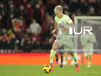 Dani Olmo attacking midfield of Barcelona and Spain controls the ball during the La Liga match between RCD Mallorca and FC Barcelona at Esta...