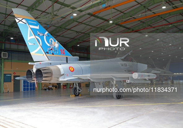 A Eurofighter of the Spanish Air and Space Force pays tribute to the 50th anniversary of the creation of the Ala14 unit based in Albacete, S...