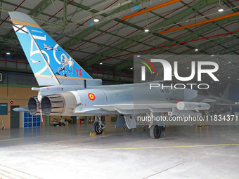 A Eurofighter of the Spanish Air and Space Force pays tribute to the 50th anniversary of the creation of the Ala14 unit based in Albacete, S...