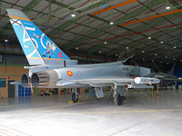 A Eurofighter of the Spanish Air and Space Force pays tribute to the 50th anniversary of the creation of the Ala14 unit based in Albacete, S...