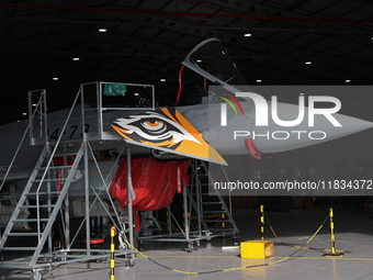 A Eurofighter of the Spanish Air and Space Force is in one of the hangars at Los Llanos airport during the Tactical Leadership Programme in...