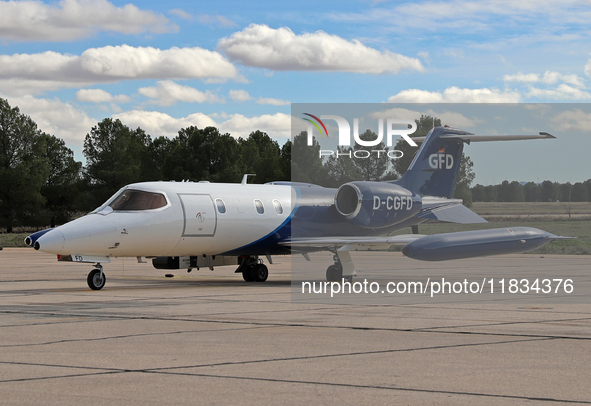 A Learjet 35A from Gesellschaft fur Flugzieldarstellung company is parked at Los Llanos military air base during the Tactical Leadership Pro...