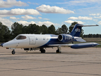 A Learjet 35A from Gesellschaft fur Flugzieldarstellung company is parked at Los Llanos military air base during the Tactical Leadership Pro...