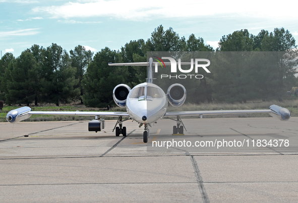 A Learjet 35A from Gesellschaft fur Flugzieldarstellung company parks at Los Llanos military air base during the Tactical Leadership Program...