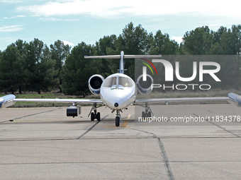 A Learjet 35A from Gesellschaft fur Flugzieldarstellung company parks at Los Llanos military air base during the Tactical Leadership Program...