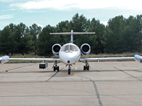 A Learjet 35A from Gesellschaft fur Flugzieldarstellung company parks at Los Llanos military air base during the Tactical Leadership Program...