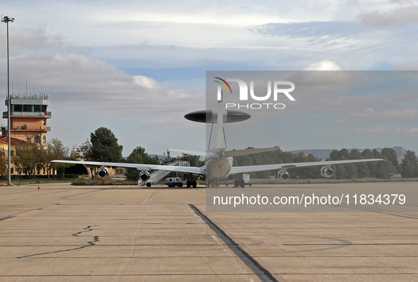 A Boeing E-3B Sentry from NATO parks at Los Llanos military air base during the Tactical Leadership Programme in Albacete, Spain, on Novembe...