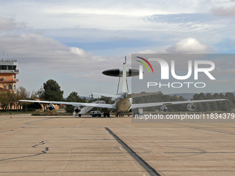 A Boeing E-3B Sentry from NATO parks at Los Llanos military air base during the Tactical Leadership Programme in Albacete, Spain, on Novembe...