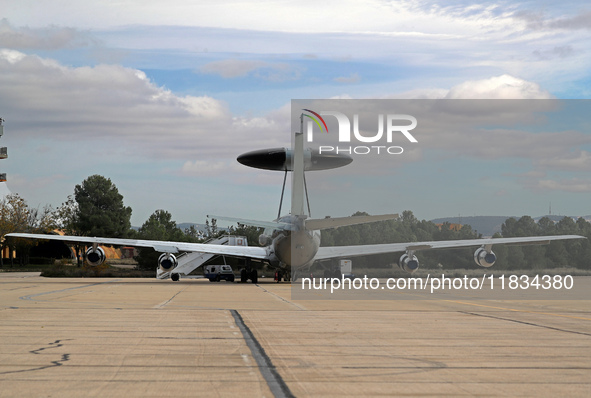 A Boeing E-3B Sentry from NATO parks at Los Llanos military air base during the Tactical Leadership Programme in Albacete, Spain, on Novembe...