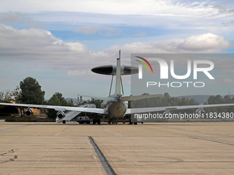 A Boeing E-3B Sentry from NATO parks at Los Llanos military air base during the Tactical Leadership Programme in Albacete, Spain, on Novembe...