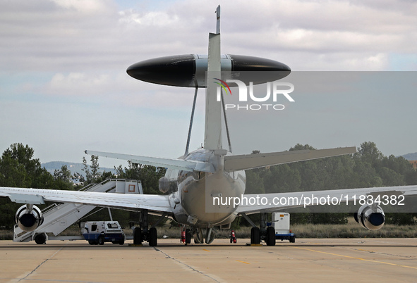 A Boeing E-3B Sentry from NATO parks at Los Llanos military air base during the Tactical Leadership Programme in Albacete, Spain, on Novembe...