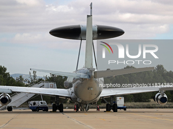 A Boeing E-3B Sentry from NATO parks at Los Llanos military air base during the Tactical Leadership Programme in Albacete, Spain, on Novembe...