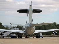 A Boeing E-3B Sentry from NATO parks at Los Llanos military air base during the Tactical Leadership Programme in Albacete, Spain, on Novembe...