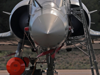 A Dassault Mirage 2000D of the Armee de l'Air is parked at Los Llanos military air base during the Tactical Leadership Programme in Albacete...