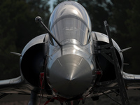 A Dassault Mirage 2000D of the Armee de l'Air is parked at Los Llanos military air base during the Tactical Leadership Programme in Albacete...