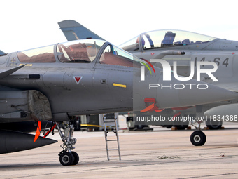 A Dassault Rafale F4 of the Hellenic Air Force parks at Los Llanos military air base during the Tactical Leadership Programme in Albacete, S...