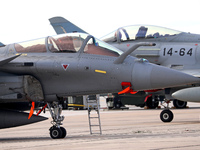 A Dassault Rafale F4 of the Hellenic Air Force parks at Los Llanos military air base during the Tactical Leadership Programme in Albacete, S...