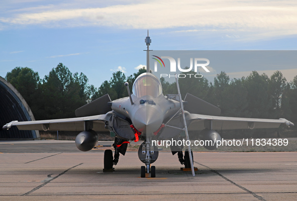 A Dassault Rafale F4 of the Hellenic Air Force parks at Los Llanos military air base during the Tactical Leadership Programme in Albacete, S...