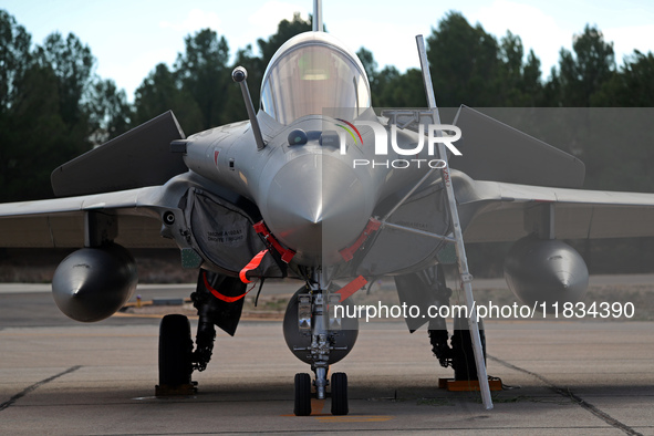 A Dassault Rafale F4 of the Hellenic Air Force parks at Los Llanos military air base during the Tactical Leadership Programme in Albacete, S...