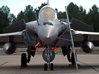 A Dassault Rafale F4 of the Hellenic Air Force parks at Los Llanos military air base during the Tactical Leadership Programme in Albacete, S...