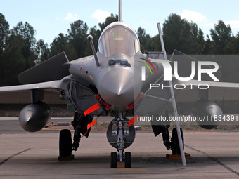 A Dassault Rafale F4 of the Hellenic Air Force parks at Los Llanos military air base during the Tactical Leadership Programme in Albacete, S...