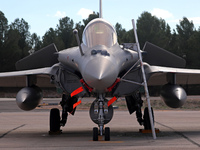 A Dassault Rafale F4 of the Hellenic Air Force parks at Los Llanos military air base during the Tactical Leadership Programme in Albacete, S...