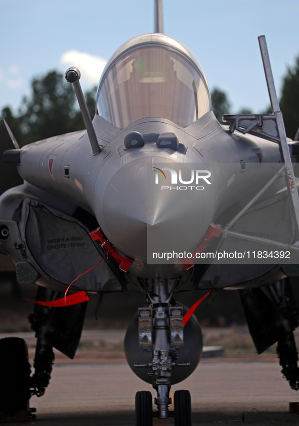 A Dassault Rafale F4 of the Hellenic Air Force parks at Los Llanos military air base during the Tactical Leadership Programme in Albacete, S...