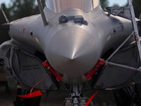 A Dassault Rafale F4 of the Hellenic Air Force parks at Los Llanos military air base during the Tactical Leadership Programme in Albacete, S...