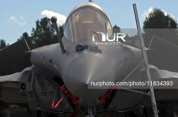 A Dassault Rafale F4 of the Hellenic Air Force parks at Los Llanos military air base during the Tactical Leadership Programme in Albacete, S...