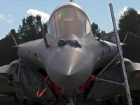 A Dassault Rafale F4 of the Hellenic Air Force parks at Los Llanos military air base during the Tactical Leadership Programme in Albacete, S...