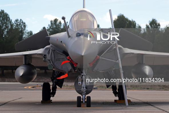 A Dassault Rafale F4 of the Hellenic Air Force parks at Los Llanos military air base during the Tactical Leadership Programme in Albacete, S...