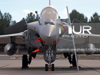 A Dassault Rafale F4 of the Hellenic Air Force parks at Los Llanos military air base during the Tactical Leadership Programme in Albacete, S...