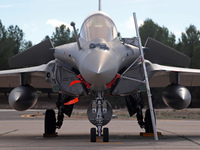 A Dassault Rafale F4 of the Hellenic Air Force parks at Los Llanos military air base during the Tactical Leadership Programme in Albacete, S...