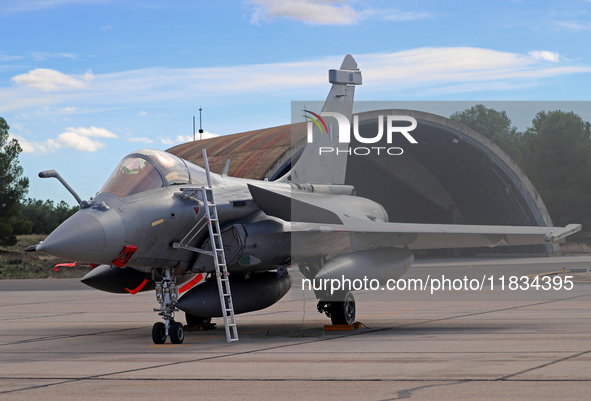 A Dassault Rafale F4 of the Hellenic Air Force parks at Los Llanos military air base during the Tactical Leadership Programme in Albacete, S...