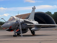 A Dassault Rafale F4 of the Hellenic Air Force parks at Los Llanos military air base during the Tactical Leadership Programme in Albacete, S...