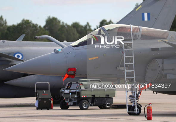 A Dassault Rafale F4 of the Hellenic Air Force parks at Los Llanos military air base during the Tactical Leadership Programme in Albacete, S...