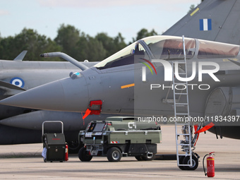 A Dassault Rafale F4 of the Hellenic Air Force parks at Los Llanos military air base during the Tactical Leadership Programme in Albacete, S...