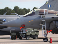 A Dassault Rafale F4 of the Hellenic Air Force parks at Los Llanos military air base during the Tactical Leadership Programme in Albacete, S...