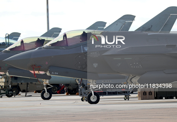 A Lockheed Martin F-35A Lightning II of the Italy Air Force parks at Los Llanos military air base during the Tactical Leadership Programme i...