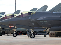 A Lockheed Martin F-35A Lightning II of the Italy Air Force parks at Los Llanos military air base during the Tactical Leadership Programme i...