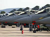 A Dassault Mirage 2000D of the Armee de l'Air is parked at Los Llanos military air base during the Tactical Leadership Programme in Albacete...