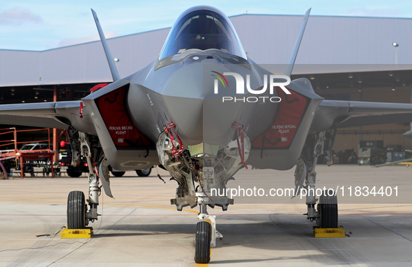 A Lockheed Martin F-35A Lightning II of the Italy Air Force parks at Los Llanos military air base during the Tactical Leadership Programme i...