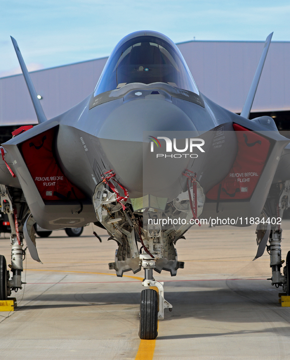 A Lockheed Martin F-35A Lightning II of the Italy Air Force parks at Los Llanos military air base during the Tactical Leadership Programme i...