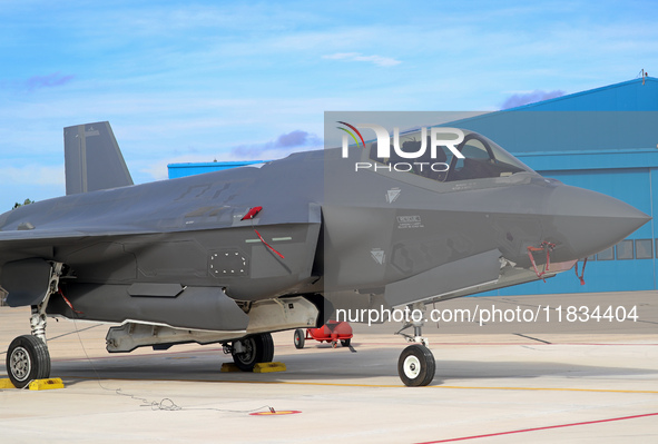 A Lockheed Martin F-35A Lightning II of the Italy Air Force parks at Los Llanos military air base during the Tactical Leadership Programme i...