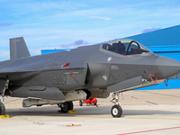 A Lockheed Martin F-35A Lightning II of the Italy Air Force parks at Los Llanos military air base during the Tactical Leadership Programme i...