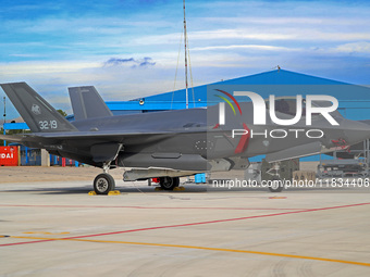 A Lockheed Martin F-35A Lightning II of the Italy Air Force parks at Los Llanos military air base during the Tactical Leadership Programme i...