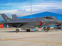 A Lockheed Martin F-35A Lightning II of the Italy Air Force parks at Los Llanos military air base during the Tactical Leadership Programme i...