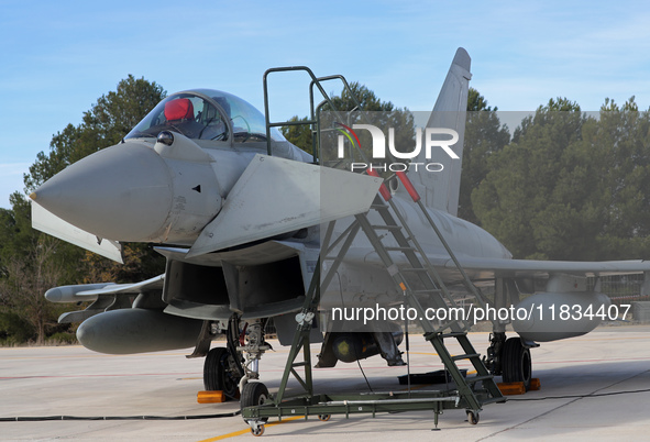 A Eurofighter EF-2000 Typhoon of the Italian Air Force is parked at Los Llanos airport during the Tactical Leadership Programme in Albacete,...