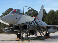 A Eurofighter EF-2000 Typhoon of the Italian Air Force is parked at Los Llanos airport during the Tactical Leadership Programme in Albacete,...